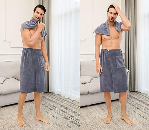 front view of Men's bath wrap set including a microfiber bath towel with a pocket 