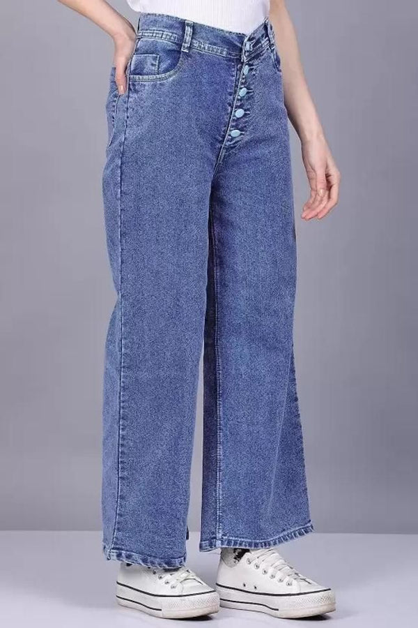 Womens Solid High Waist Rise Flared Denim Jeans