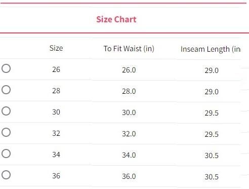 A size chart for pants with sizes 26 to 36, waist measurements from 26 to 36 inches, and inseam lengths from 29 to 30.5 inches.