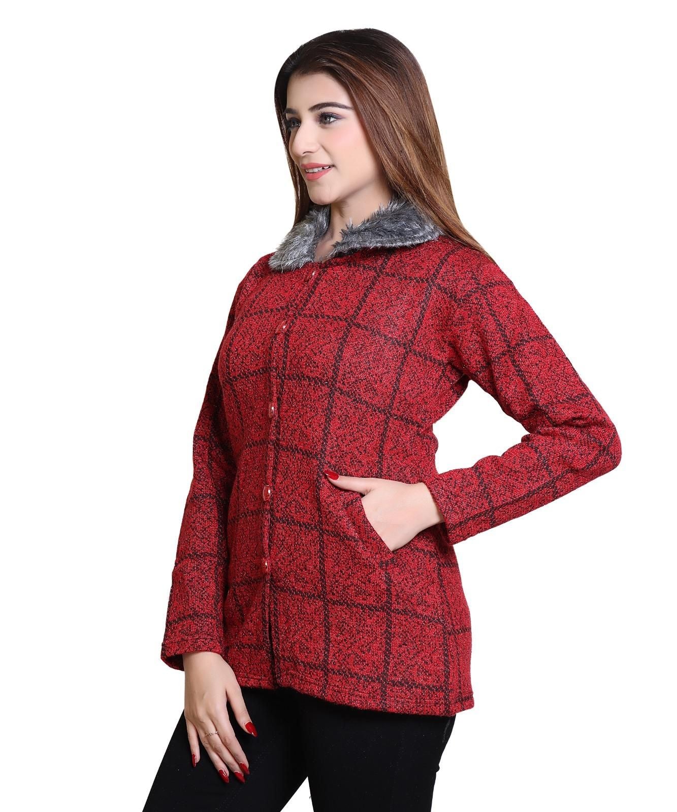 Womens Check Pattern Woolen Winter Coat