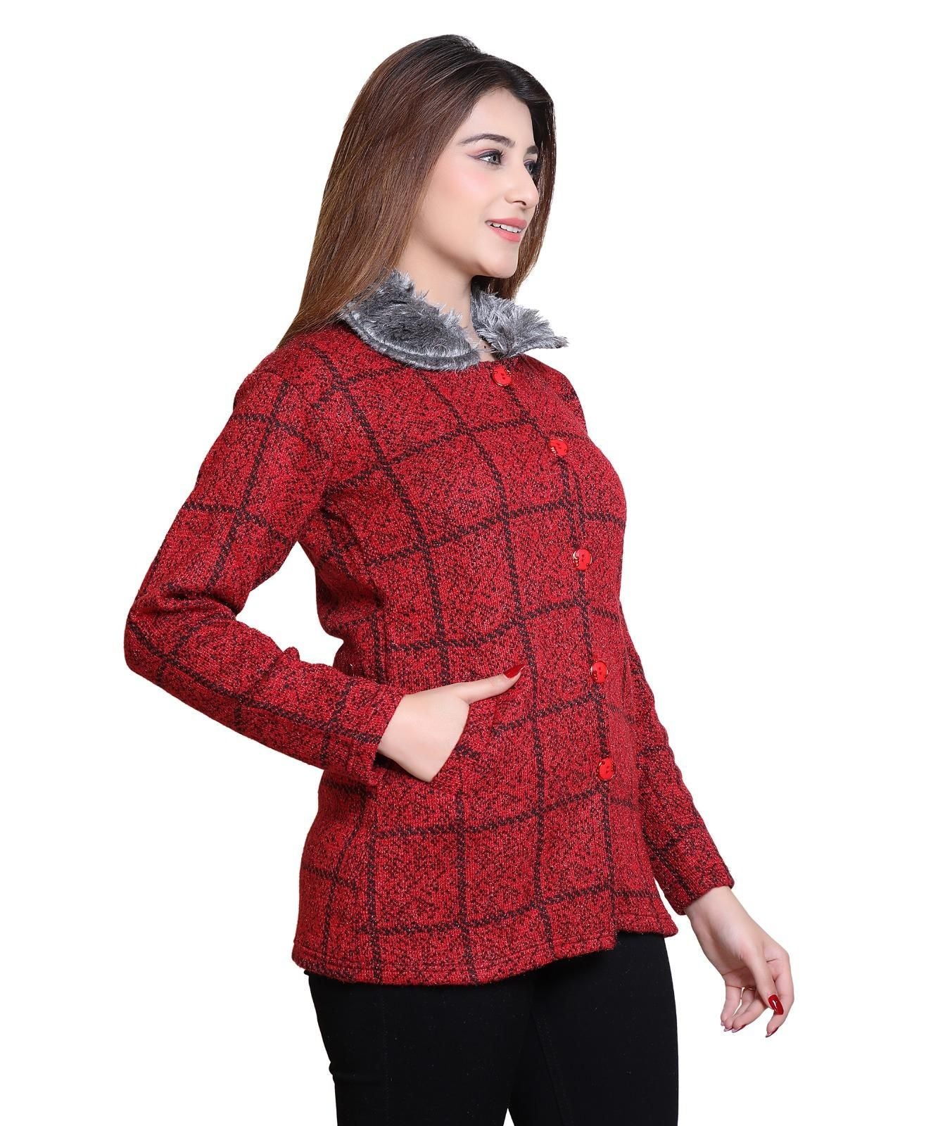 Womens Check Pattern Woolen Winter Coat