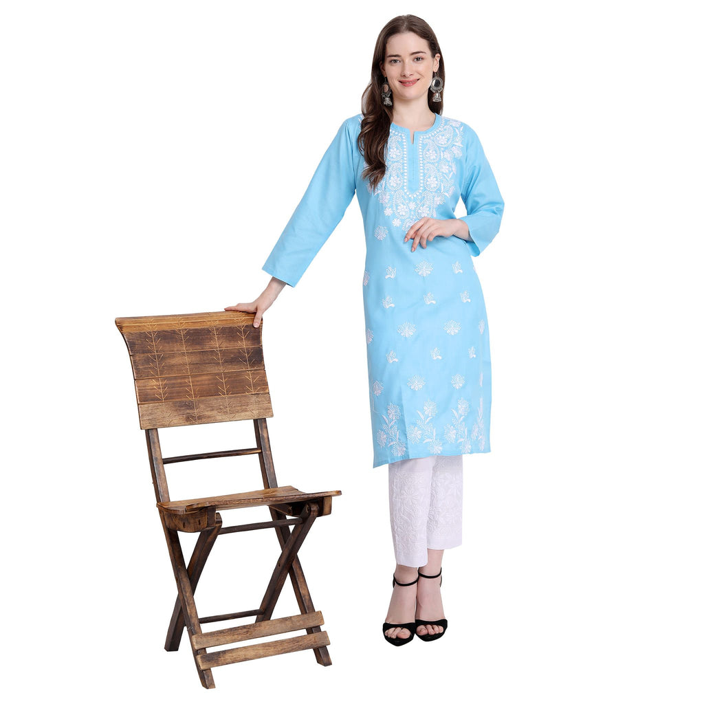 Womens embroidered lucknowi straight Kurta, featuring intricate Lucknowi embroidery on soft, breathable fabric. The kurta has a straight cut with three-quarter sleeves and a round neckline, available in various colors. Perfect for casual outings, office wear, and festive occasions, adding an elegant touch to any outfit